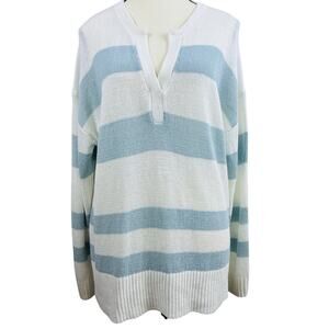 NWOT Haven Well Within Sz L Blue Striped V neck Linen, Organic Cotton LS Sweater